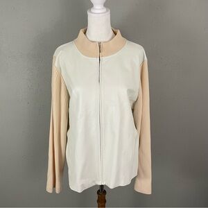 Pendleton Sweater Jacket Leather & Merino Wool Knit XL Cream Womens Pockets Zip